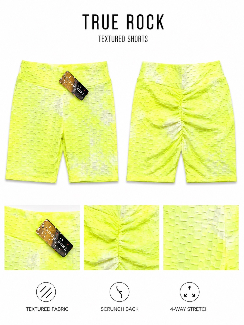 TRUE ROCK Neon Yellow Textured Scrunch-Back Bike Shorts